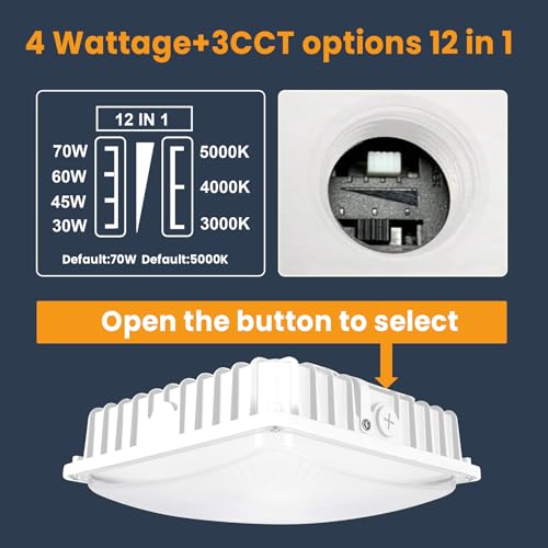LED Canopy Light 70W 3CCT 3000/4000/5000K, 30/45/60/70W Selectable, IP65 Waterproof, LED Canopy Lights Outdoor, Dim 100-27...