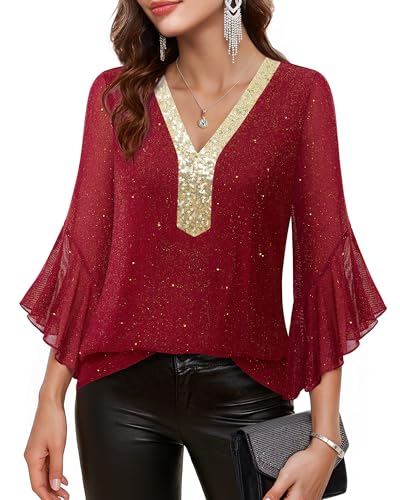 Timeson Women's Ruffle 3/4 Sleeve Sparkly Tops Sequin V Neck Blouses Dressy Fall Shirts