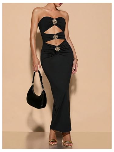 Milumia Women's Metal Cut Out Strapless Tube Top Dress Bodycon Maxi Dresses Party Cocktail