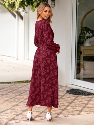 Simplee Womens Boho Floral Long Sleeve Maxi Dress V Neck Empire Waist Fall Wedding Guest Dresses with Pockets