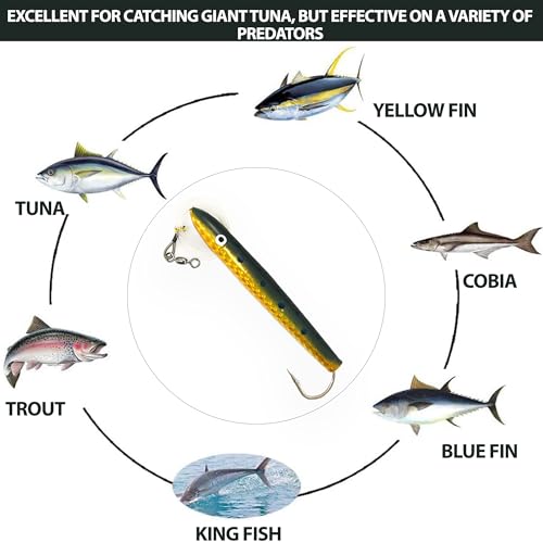 Cedar Plug Tuna Feather Trolling Lure Combo, 6 Pcs Set with Bullet Jet, Flat Jet, Tuna Clone & 6-Pocket Lure Bag for Saltw...