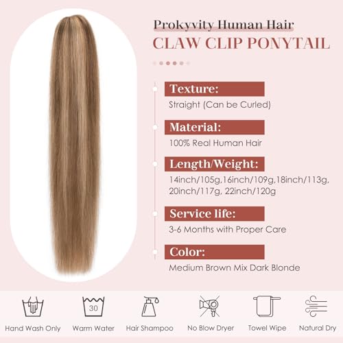 Human Hair Claw Clip Ponytail, Claw Clip Human Hair Ponytail,Effortless Application with Secure Hold,Style in Seconds,Quick Styling Solutions for Busy Lives 16"/109g Medium Brown Mix Dark Blonde