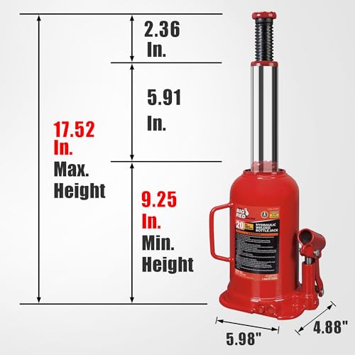 BIG RED 20 Ton (40,000 LBs) Torin Welded Hydraulic Car Bottle Jack for Auto Repair and House Lift, Red, TAM92003B