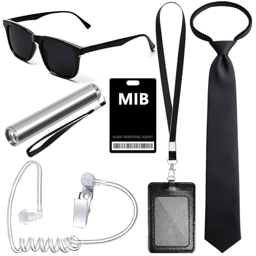 Asekonc 6 Pcs Agent Costume Secret Service Costume Set Spy Costume Accessories for Halloween Men Women Black Outfit
