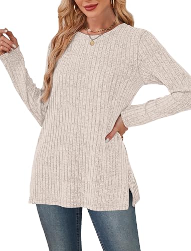 SAMPEEL Womens Sweaters Crewneck Long Sleeve Shirts with Pockets Fall Outfits 2025 Fashion Winter Clothing Side Slit
