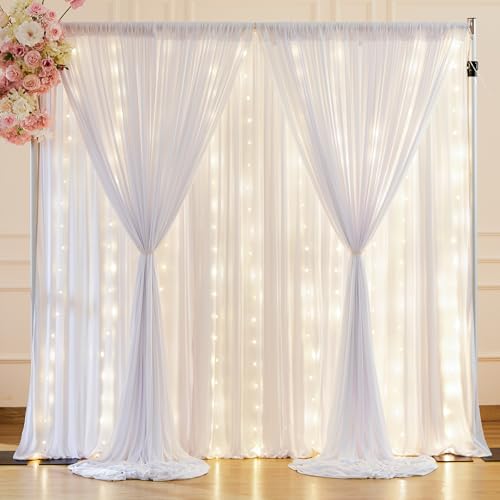 10 x 10 ft White Backdrop Curtains with Lights String for Wedding Polyester Photo Background Drapes White Wrinkle Free Sof...