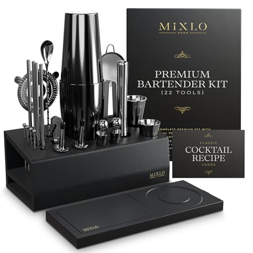 MIXLO HOME Mixology Bartender Kit - 22Pcs Bar Set Cocktail Shaker Set w Black Bar Cart Accessories Stand - Shakers Bartend...