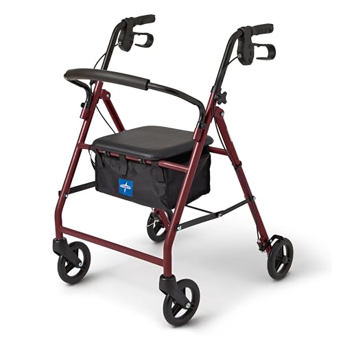 Medline Aluminum Rollator Walker with Seat, Burgundy, 250 lb. Weight Capacity, Lightweight, 6” Wheels, Foldable, Adjustabl...
