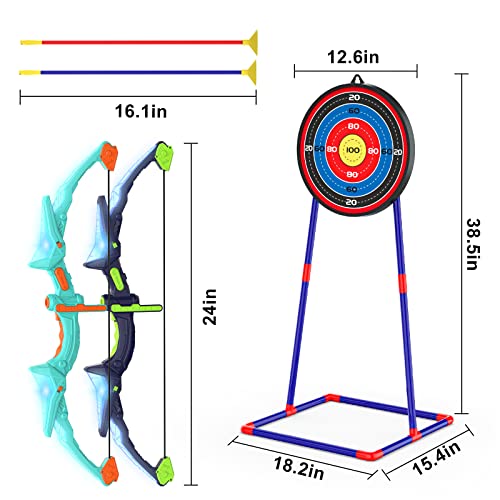 Kmuxilal 2 Pack Kids Bow and Arrow Set with LED Flash Lights, 14 Suction Cup Arrows and Fluorescence Standing Target-Perfe...