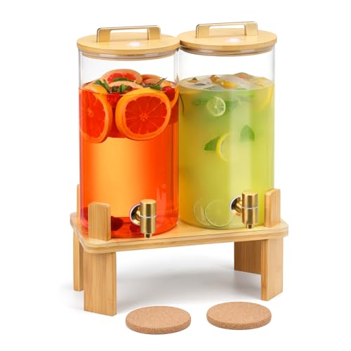 1.5 Gallon 2 PACK Glass Drink dispenser, Beverage Dispenser With Wood Stand, Lemonade Dispenser with Airtight Valve and St...