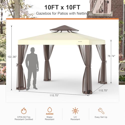 Patio Gazebo Tent Outdoor Canopy Shelter 10'x10' with Removable Netting,100 Square Feet of Shade for Garden, Backyard Deck...