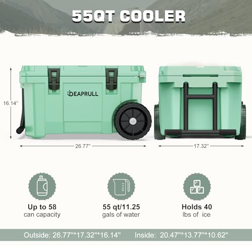 55 Quart Cooler with Wheels, Ice Chests Portable Camping Cooler Holds Ice up to 6 Days, Leak-Proof Outdoor Insulated Coole...