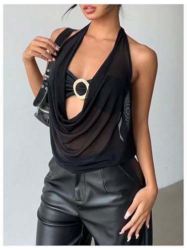 SweatyRocks Women's Rave Going Out Tops Sexy Draped Cowl Neck Halter Top Y2K Clubwear