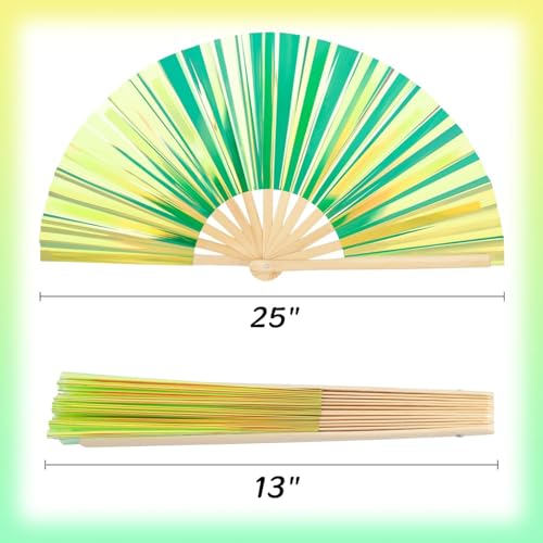 Folding Hand Fan, 13 Inch Glitter Green Rave Decorative Hand Fans for Line Dancing Handheld Crafts for Festivals, Rainbow ...