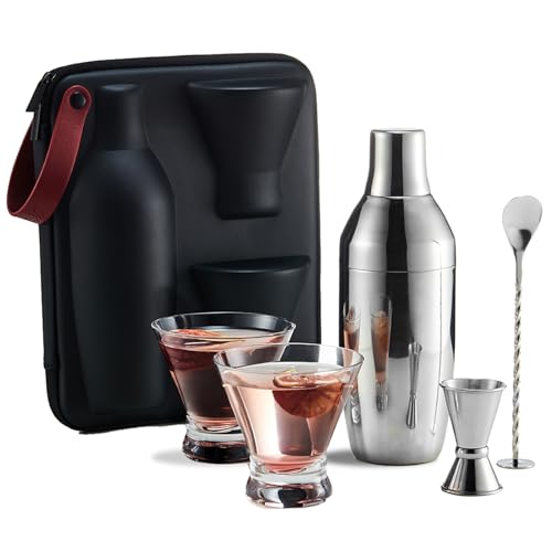 KITESSENSU Cocktail Shaker Set with Carry Case: Vacuum Insulated Martini Shaker with Built-in Strainer, 2 Martini Glasses,...