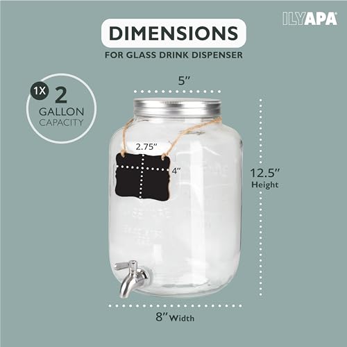 Ilyapa 2 Gallon Drink Dispenser - Wide Mouth Glass Drink Dispenser - 100% Leak Proof Stainless Steel Spigot with Glass Fli...