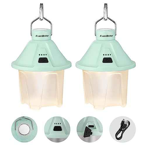 EverBrite 450LM Camping Lantern, USB C Rechargeable Camping Lantern with Magnetic Top&Hanging Hook, 5 Lighting Modes, for Christmas Decorations, Camping, Barbecue, Hiking and Reading, Pack of 2