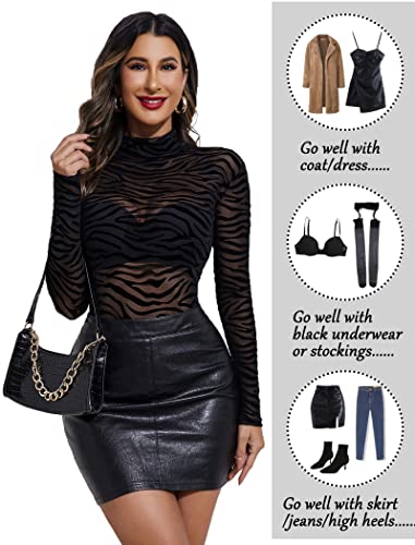 Avidlove Long Sleeve Bodysuit for Women Turtleneck Sheer Mesh Bodysuit Geo Print Leotards