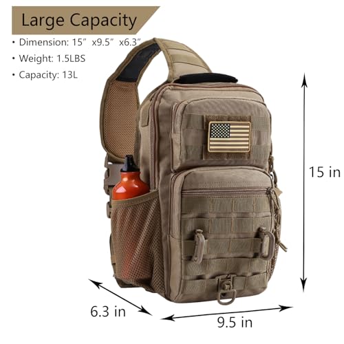 Large Rover Sling Pack Tactical Shoulder Sling Bag Backpack with Bottle Holder Crossbody Chest Bag, Coyote