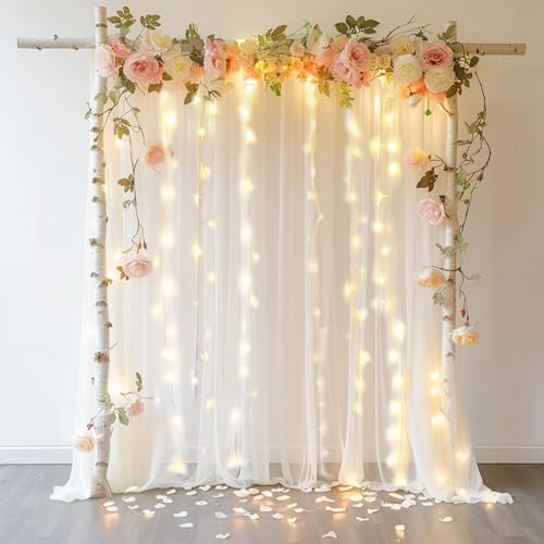 10 FT x 8 FT White Backdrop Curtain - Tulle Backdrop Curtain with 9.8FT Lights String - Sheer Backdrop Curtains with 4 Inc...