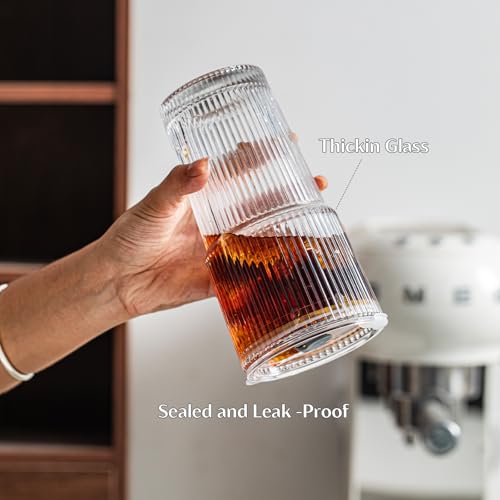 INSETLAN 20 oz Ribbed Glass Tumblers with Lids and Glass Straws – 2-Piece Glassware Set, Heavy-Duty Tumblers, Ideal for Ic...