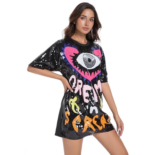 Sequins T-Shirts Glitter Dress O Neck Printed Mini Dress Loose Casual Nightclub Party Tops for Women