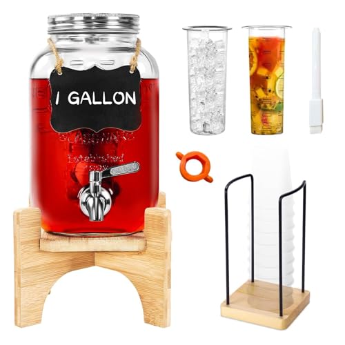 Glass Drink Dispenser with Stand, 1 Gallon Beverage Dispenser for Parties with Cup Holder, Includes Ice & Fruit Infuser, 1...