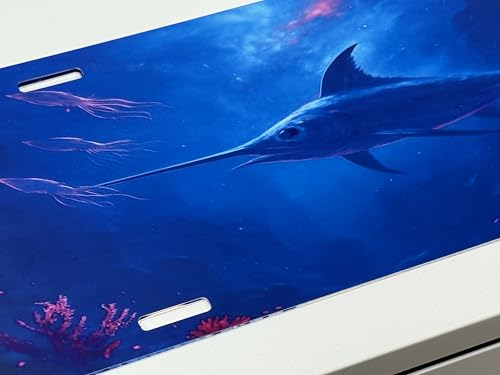 Ink Trendz Underwater Adventure Swordfish Fishing Art Vanity Plate, Man Cave Art, 6 x 12 inches Big game Fishing Neon Plates