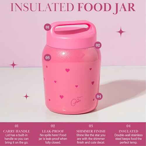 Paris Hilton Stainless Steel Food Jar, Double Wall Vacuum Sealed Insulated Food Storage Container with Carry Handle Lid, 24-Ounce, Pink with Heart Design