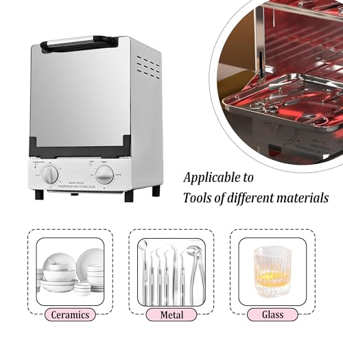High Temperature Sterilizer, Large Capacity Dry Heat Stainless Steel Sterilizer with Temp and Timer Control, Max timing 60min, Max temperature 250¡É (482¢µ), With Stainless Trays, 110V power