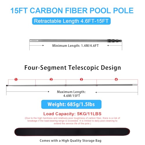 Carbon Fiber Pool Pole, Professional Ultralight Pool Poles 4.6 to 15 FT, Telescoping Lightweight Pool Cleaning Pole, Heavy...