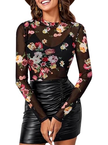 BemorRun Floral Mesh Long Sleeve Tops for Women Mock Neck See Through Fitted Sexy Going Out Top