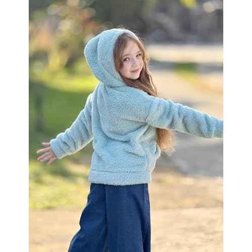 Arshiner Girls Hoodie Sherpa Fleece Pullover Hooded Sweatshirt for Girl Button Up Casual Outerwear Coat With Pockets