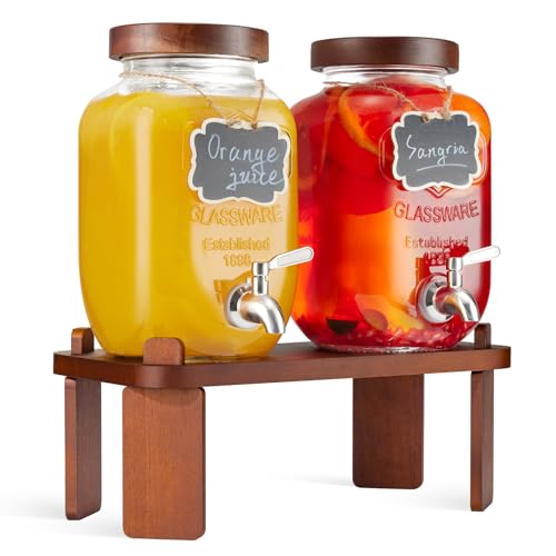 2PCS Large Drink Dispensers for Parties,Glass Beverage Dispenser with Wood Stand,Lemonade Drink Dispenser with Stainless S...