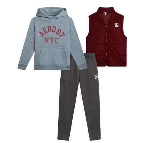 AEROPOSTALE Boys Sweat Set - 3 Piece Pullover Boys Hoodie Puffer Vest and Jogger Sweatpants Kids Youth Matching Set (8-12)