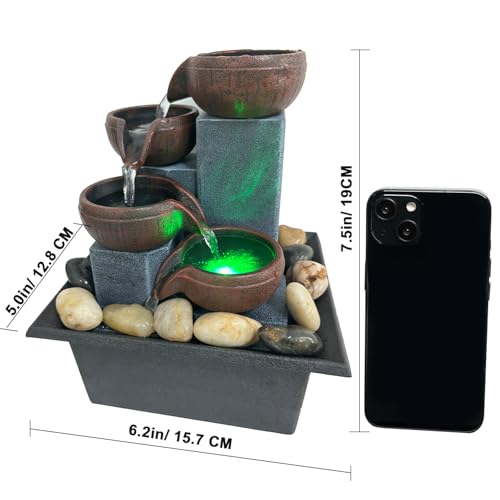 Small Indoor Relaxation Tabletop Fountain, Zen Meditation Waterfall Feature with Color LED Light & Natural Rocks, 4 Level ...