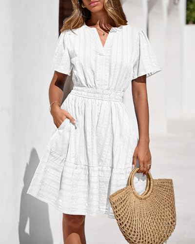BTFBM Womens Spring 2026 Casual Mini Dresses Lightweight Short Sleeve V Neck Elastic Waist Cute Boho Beach Dress Pockets
