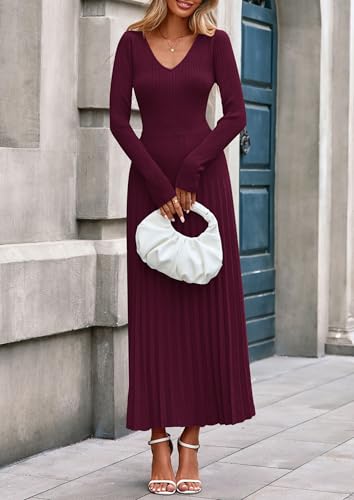 PRETTYGARDEN Women Sweater Dress Fall Fashion 2026 Long Sleeve V Neck Ribbed Knit Pleated A Line Elegant Maxi Winter Dresses
