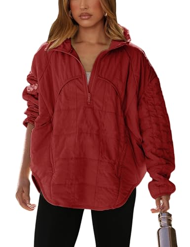 Daacee 2025 Oversized Lightweight Quilted Pullover Jacket for Women Half Zip Up Puffer Jackets Padded Outwear XS-2XL