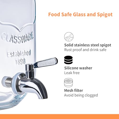 ShoreHao 2 Pack1Gallon Glass Drink Dispensers with Stand&Bamboo Lids&Fruit Infuser,304 Stainless Steel Leak-Proof Spigot,B...