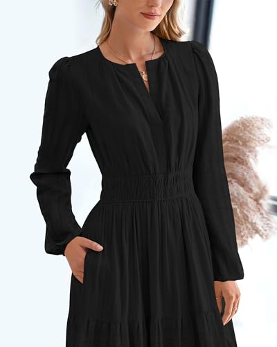 BTFBM Fall Dresses for Women 2026 Casual Long Sleeve V Neck Elastic Waist Lightweight Maxi Wedding Guest Dress Pockets