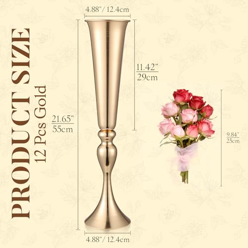 Aurabee 12 Pcs Tall Gold Trumpet Vases for Centerpieces & Wedding Tables - 21.65" Tall Gold Flower Vase Set with Weighted ...