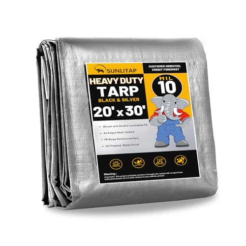 SUNLITAP 10 Mil Heavy Duty Waterproof Tarps, 20x30 Ft Finished Size Tarps, Premium Tarp with Metal Grommets & Reinforced E...
