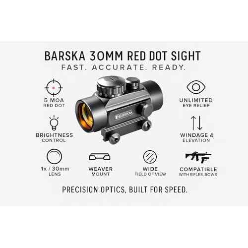 Barska 30mm Red Dot Sight ? 1x Magnification, 5 MOA Reticle, Adjustable Brightness, Unlimited Eye Relief, Weaver Mount ? for Rifles, Handguns, Shotguns & Bows
