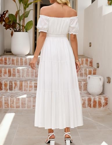 ZESICA Women's 2026 Boho Sexy Off Shoulder Short Sleeve Smocked Side Split Flowy A Line Tiered Long Maxi Dress with Pockets