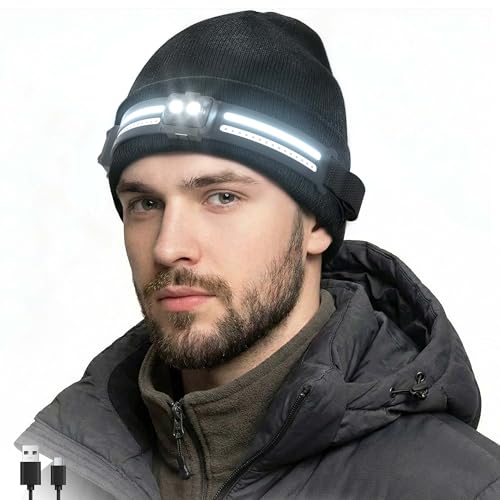 EGUKU Rechargeable Headlamp Beanie, 1200Lumens Bright Beanie with Light, 260°Wide Beam Unisex Hat Headlamp 14 Modes, Motio...