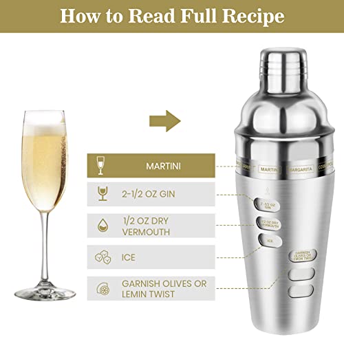 Cocktail Shaker Martini Shaker Set with Recipe, 24 oz Martini Shaker Drink Shaker Drink Mixer Stainless Steel Cocktail Sha...