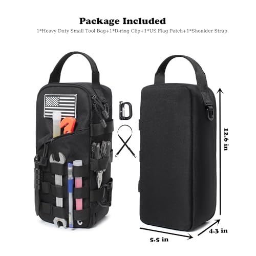 12-Inch Heavy Duty Small Tool Bag with D-Ring Clip,Flag Patch&Shoulder Strap - Small Tactical Molle Zipper Tool Bag,EDC St...
