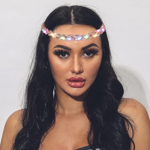 EARENT Light Up Rave Headband Gold Glow Rhinestone Hair Accessories for Women