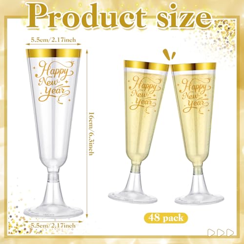 Jingmore 48 Pack 2026 Happy New Year Gold Rimmed Plastic Champagne Flutes Cheer to 2026 Celebration New Years Eve Party Su...